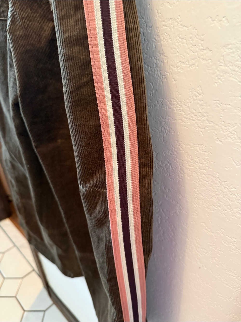 Pilcro Women’s Dark Green Corduroy Barrel Pants with Peach & Burgundy Stripe - Picture 3 of 7